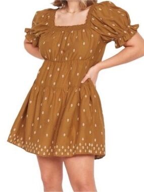 Old Navy Mustard/Rust Square-Neck Puff Sleeve Tiered Mini Dress 3X